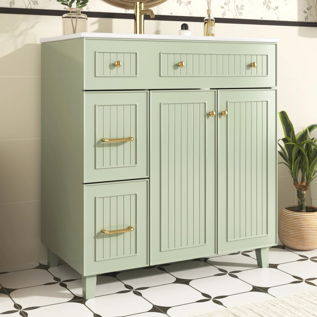 Mobile bagno con lavabo in ceramica 81,7 cm, struttura in MDF verniciato, piedini in legno massello di pino, colore verde
