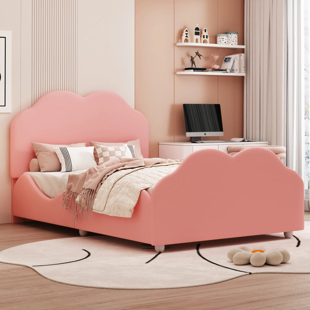 Letto per bambini singolo 90 × 200 cm con barriera alta; senza materasso; imbottito in velluto rosa