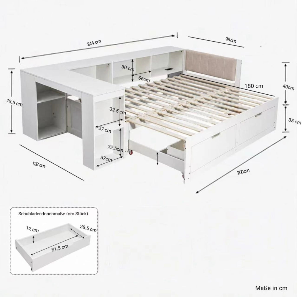 Letto extensible180 x 200 cm con scrivania integrata, cassetti e ripiani, divano letto in legno bianco con testiera imbottita
