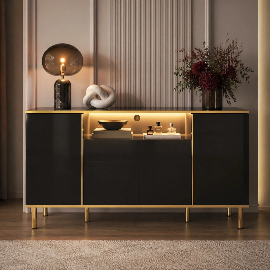 Sideboard 150x40x80 cm con 4 ante, cassetto e LED in MDF e truciolare nero lucido