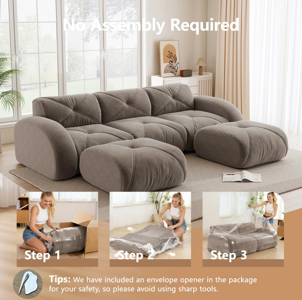 Divano modulare a 3 posti senza telaio in tessuto chenille taupe, design antiscivolo, adatto per soggiorno, senza necessità di montaggio