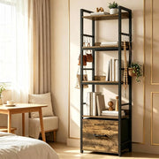 Libreria stretta a 4 ripiani con cassetto e 8 ganci, 39x26x136,5 cm, colore marrone rustico