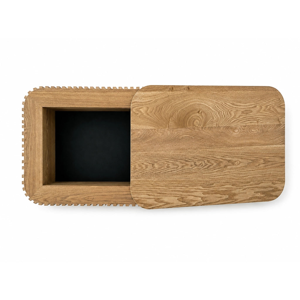 Tavolino basso fisso con vano contenitore nascosto e piano rimovibile in MDF effetto legno naturale