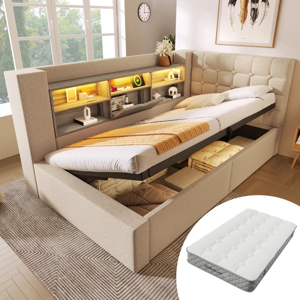 Letto singolo 90 × 200 cm con contenitore idraulico; LED regolabile e USB; materasso incluso; beige