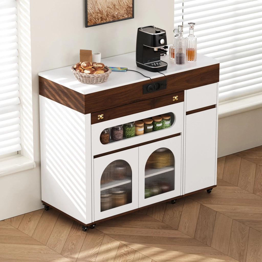 Isola cucina con ruote e tavolo allungabile, mobile con cassetto e prese elettriche, MDF bianco e finiture noce, dimensioni 50,5-187,5×110,5×95,5 cm