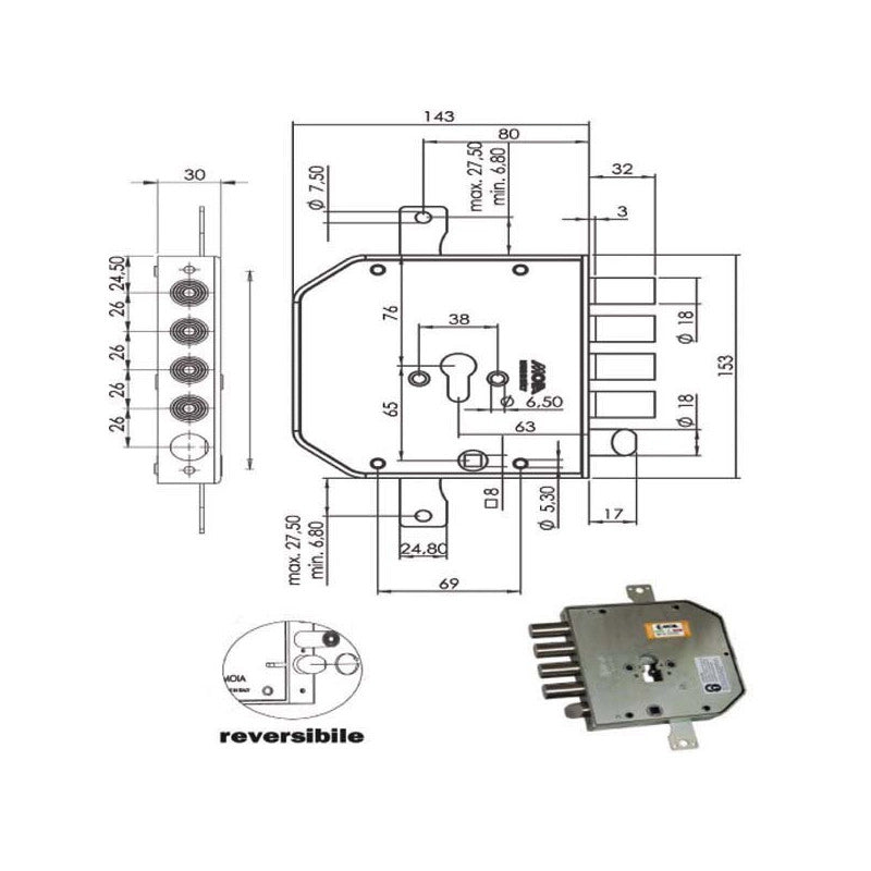 Serratura Sic.Triplice Sx Cil. E63 Ap954 Moia