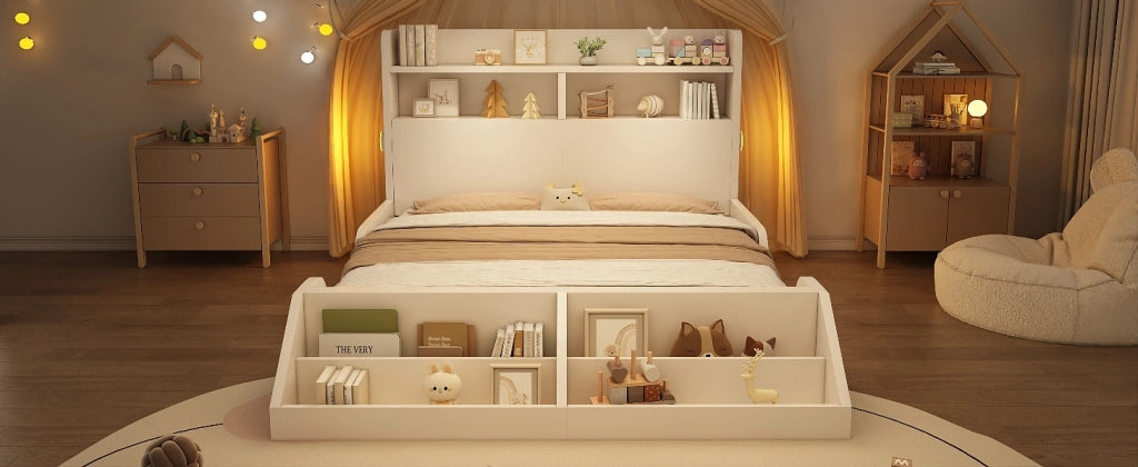 Letto in legno bianco 140x200 cm con contenitori, luci notturne e scaffale libreria removibile