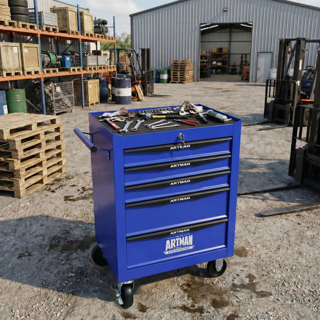 Carrello porta attrezzi mobile in acciaio con 5 cassetti e ruote, 60x33x77,5 cm, nero e blu