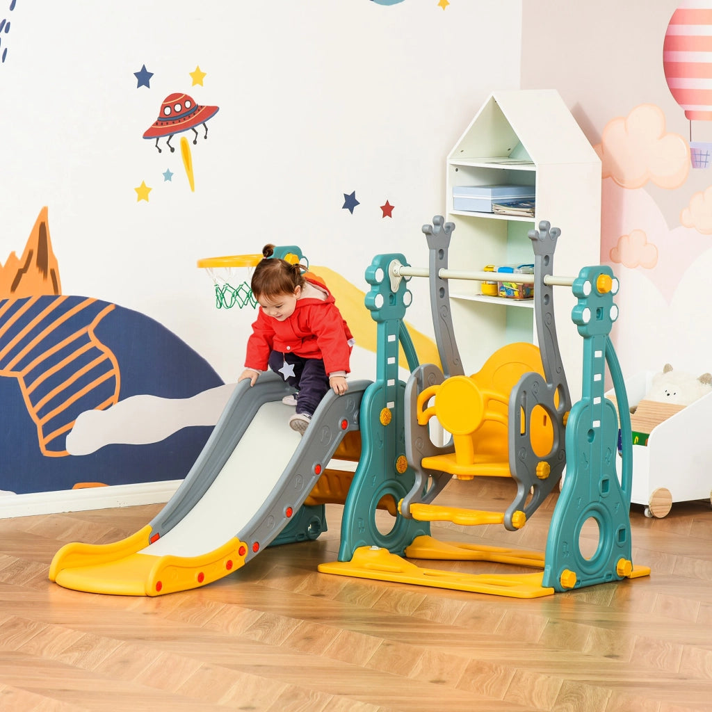 EasyComfort Scivolo 3 in 1 per Bambini con Altalena Regolabile, Canestro e Palle per Cameretta e Giardino, 152x149x107cm, Blu, Grigio, Giallo