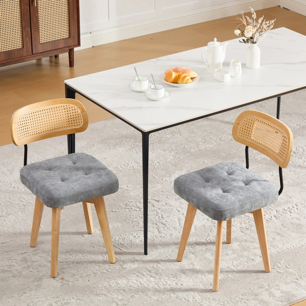 Desviae Set di 2 sedie da pranzo girevoli a 360° con schienale in rattan intrecciato e seduta in ciniglia grigia