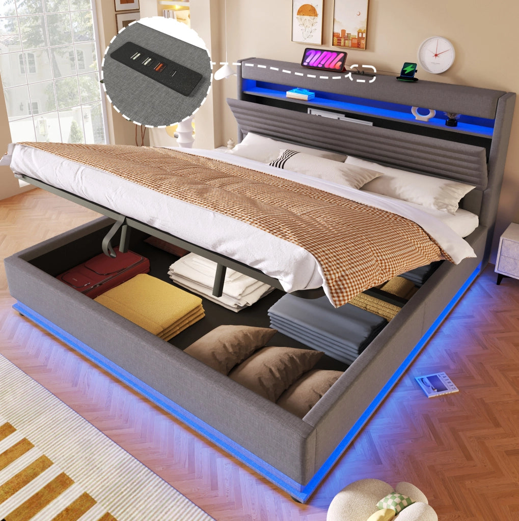 Letto imbottito 180 × 200 cm con contenitore idraulico; LED; USB e USB-C; lino grigio