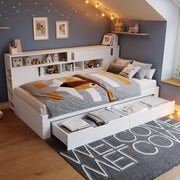 Letto con cassetti 140 × 200 cm con vani laterali e ripiani regolabili in MDF bianco con rete a doghe