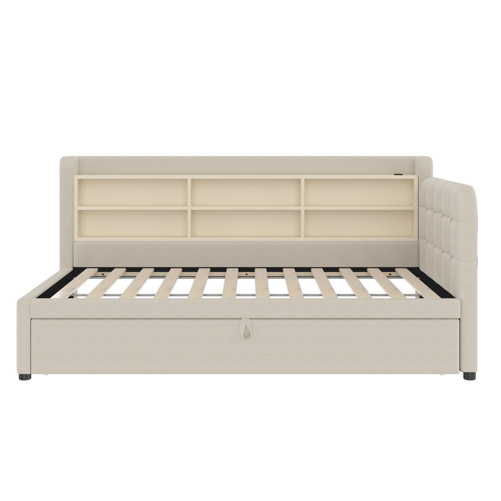 Divano Letto Estraibile 90/180x200 cm in Lino con USB-C; Scaffali; Testiera; Rete a Doghe; Beige