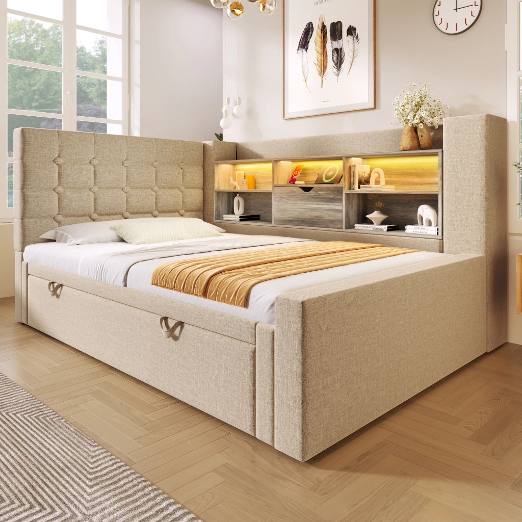 Letto 90 x 200 cm con letto estraibile 90 x 190 cm e LED, letto imbottito per bambini in lino beige, materasso non incluso