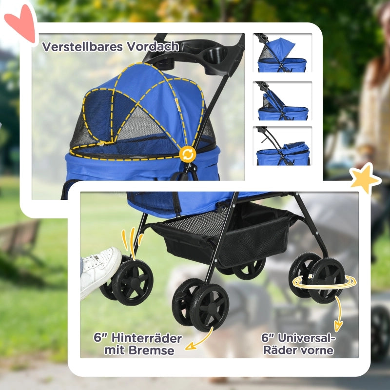 Passeggino per animali pieghevole con 4 ruote doppie girevoli freni posteriori tessuto Oxford blu 67 × 45 × 96 cm