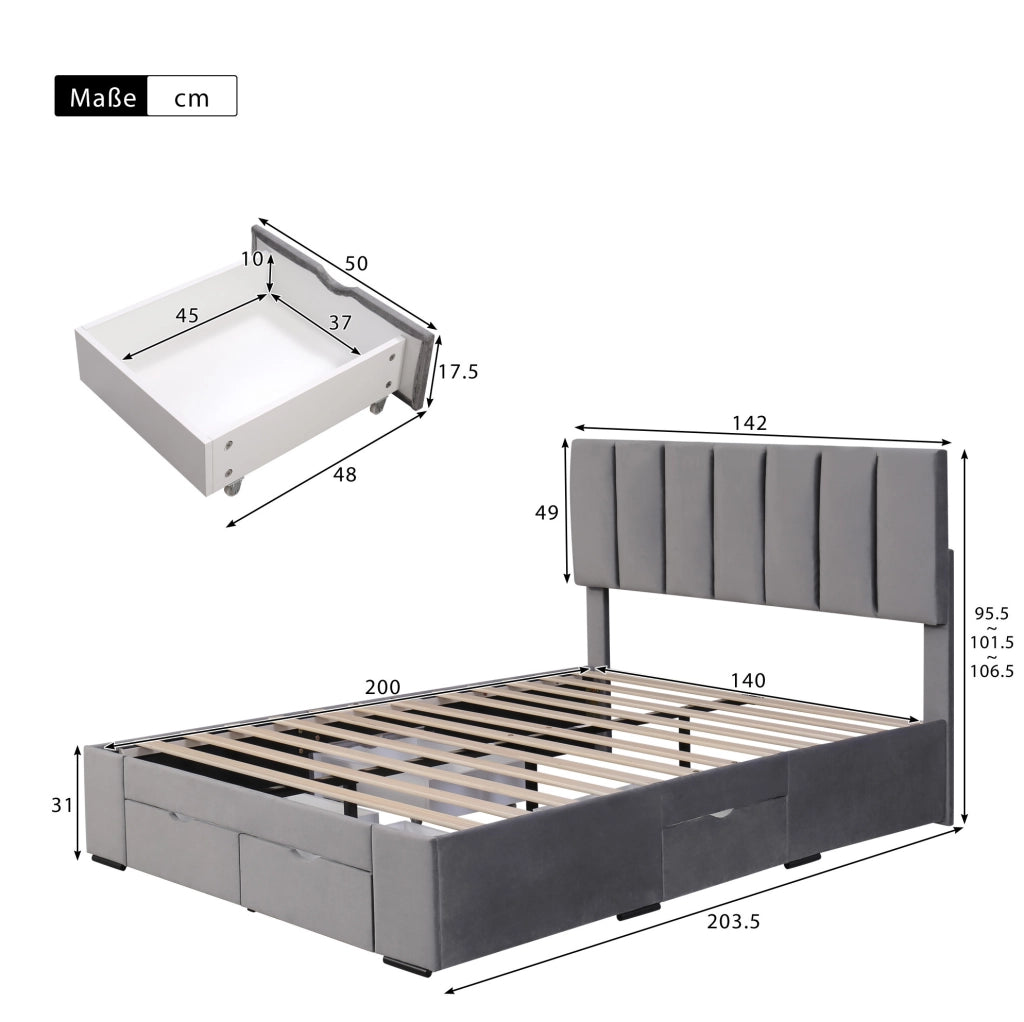 Letto imbottito grigio 140x200 cm in velluto con rete e 4 cassetti