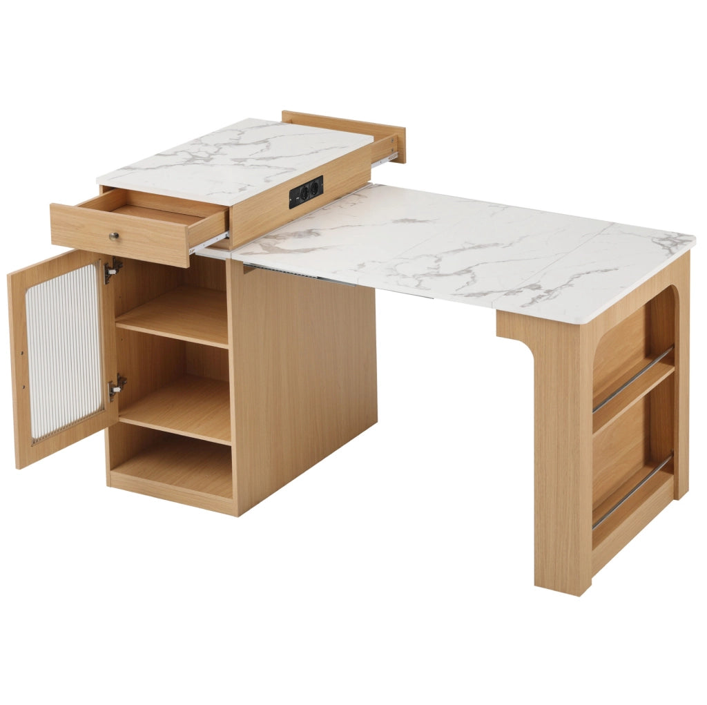 Isola cucina con tavolo estraibile 80x71-151 cm; prese integrate e ante in vetro; naturale HOMVRA