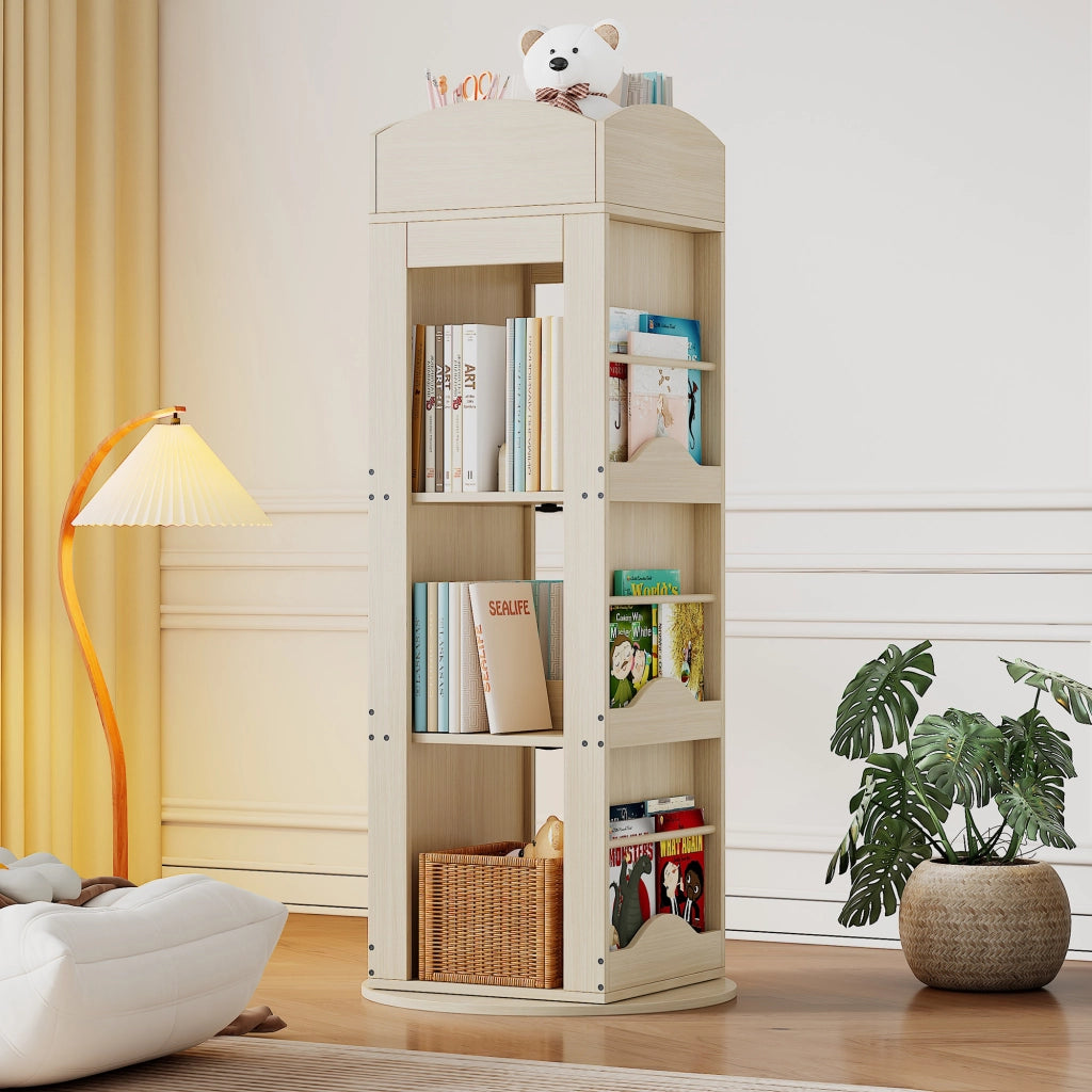 Libreria girevole a 360° con 4 ripiani e vani laterali in MDF naturale 142 × 63 × 63 cm