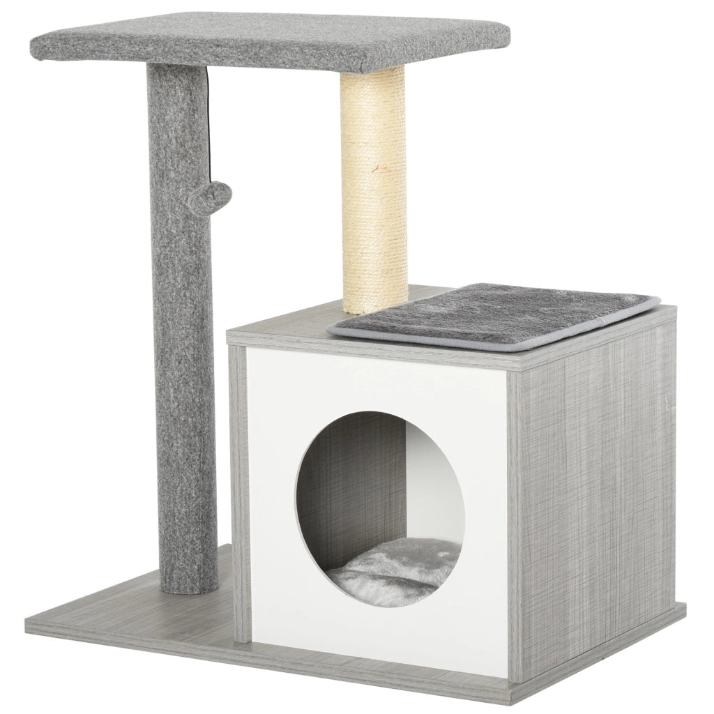 EasyComfort Albero Tiragraffi Multilivello per Gatti e Gattini con Cuccia e Colonna in Corda Sisal, Grigio, 59 x 39 x 62cm