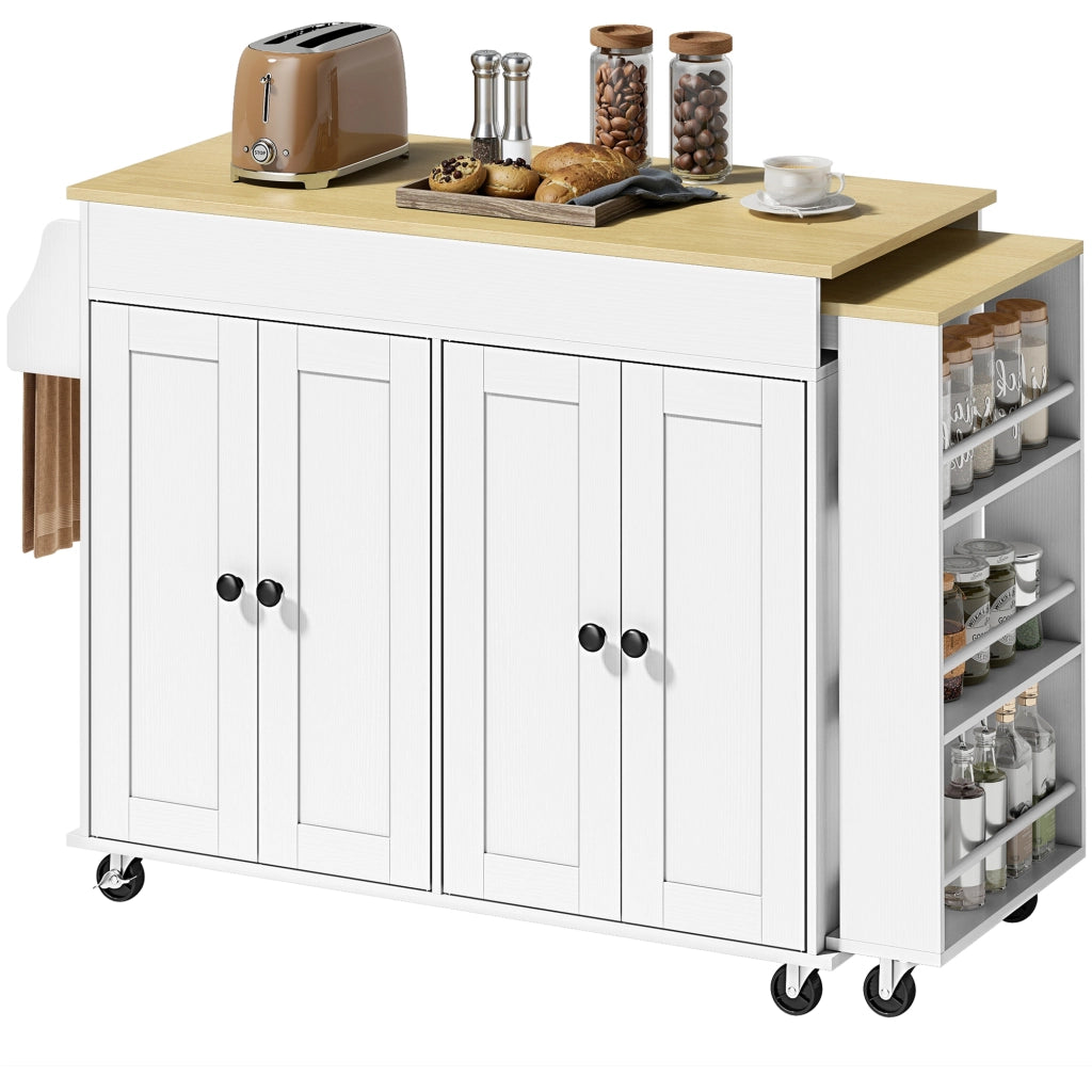 Carrello da Cucina con Ruote ¨C Xylo ¨C Piano Estraibile 4 Ante Ripiani Regolabili Portaspezie Bianco