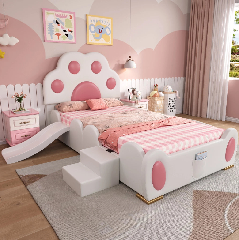 Letto singolo imbottito per bambini con scivolo e scaletta, testiera a forma di zampa di gatto, PU bianco e rosa, 90x200 cm