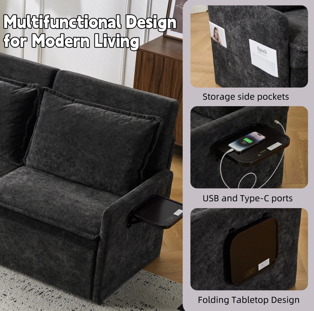 Divano letto pieghevole nero in chenille con schienale regolabile a 5 livelli e porta USB integrata