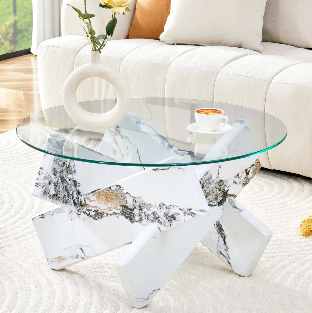 Tavolino da caffè rotondo 79 cm in MDF e vetro; bianco e trasparente
