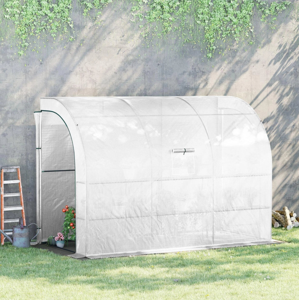 Serra da giardino addossata 300x150x213 cm in acciaio e plastica bianca, 6 ripiani