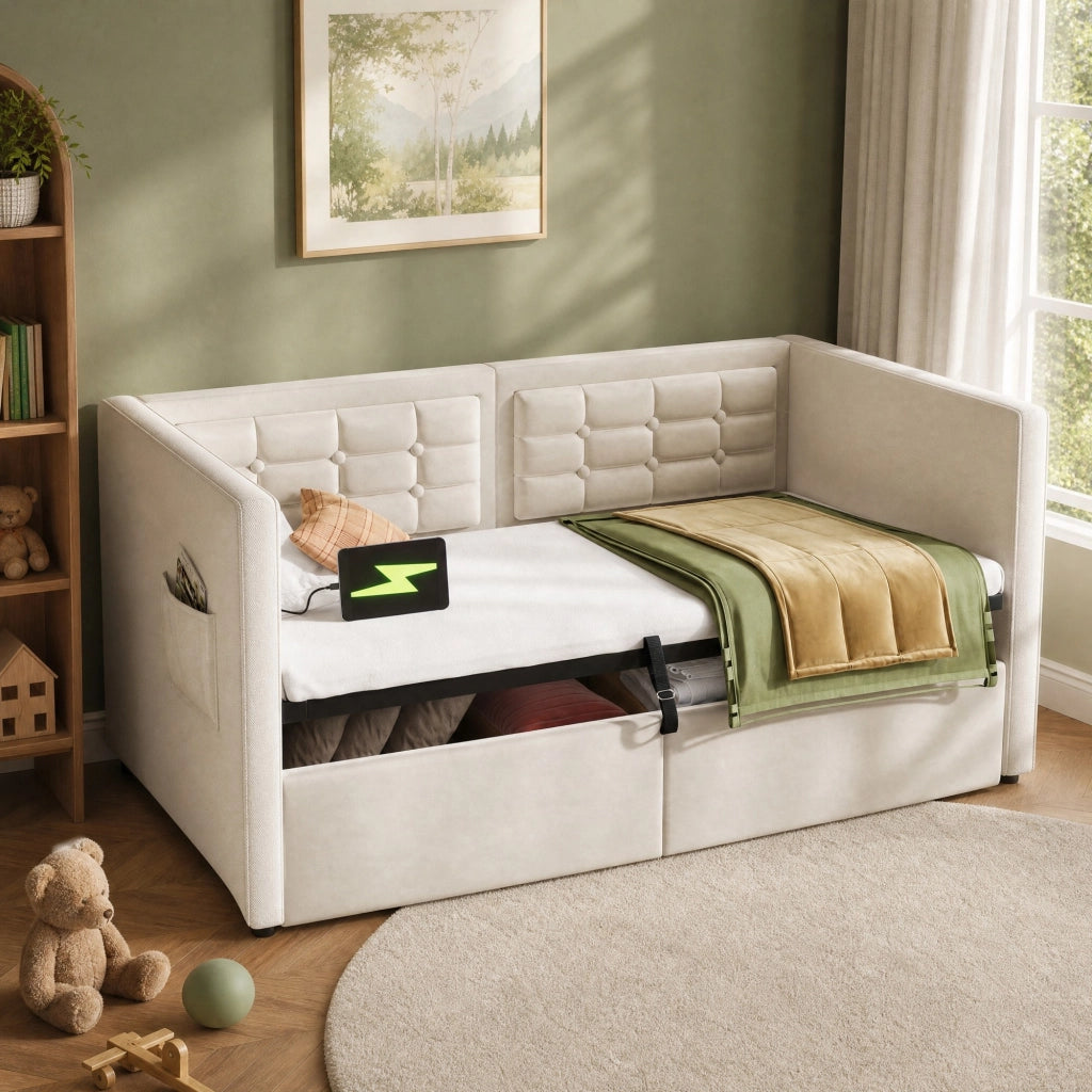 Divano letto singolo 90x200 cm con contenitore e ricarica USB-C