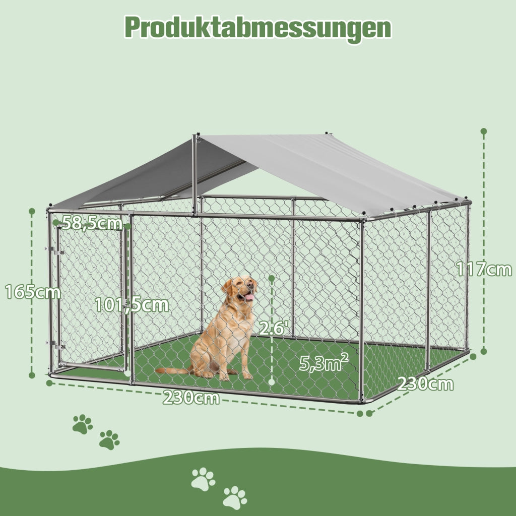 Recinto per cani con tetto in acciaio zincato argento porta con chiusura per giardino 230 × 230 × 117 cm