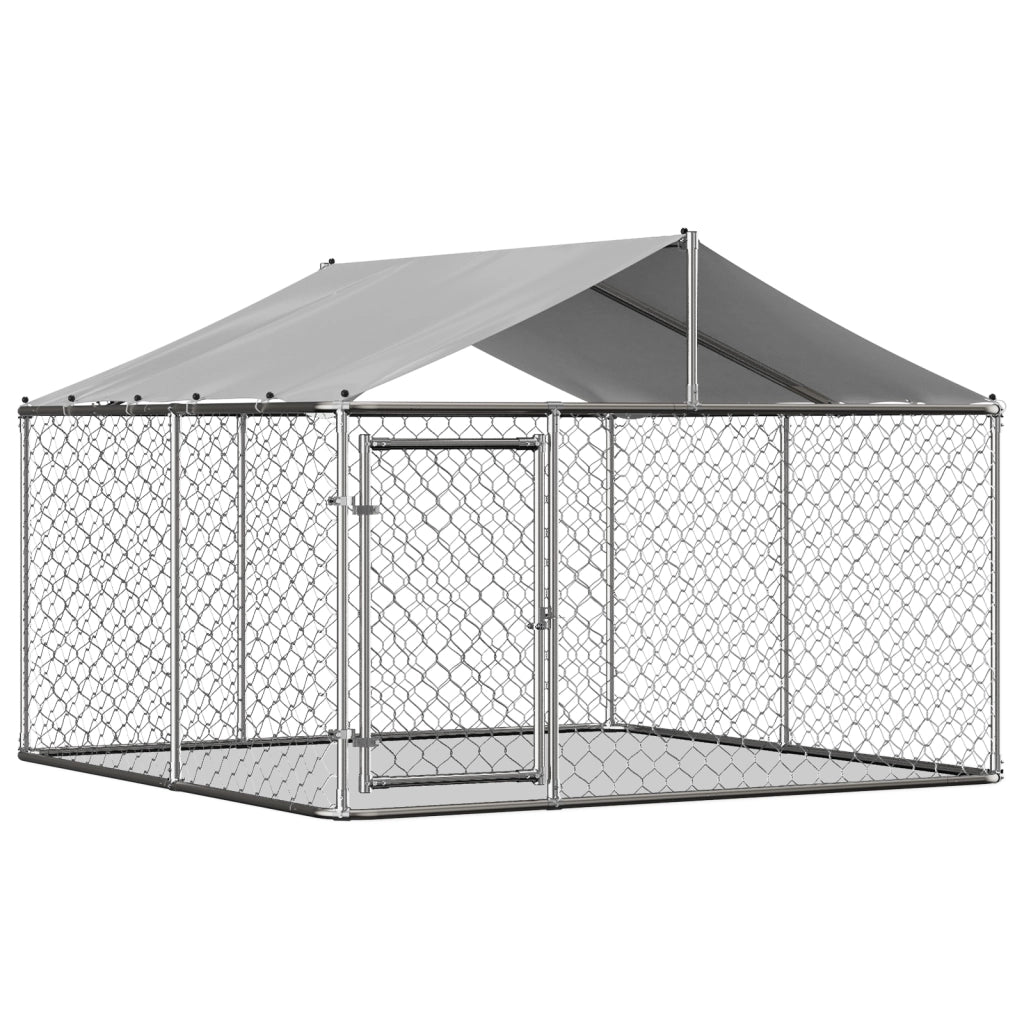 Recinto per cani con tetto in acciaio zincato argento porta con chiusura per giardino 230 × 230 × 117 cm