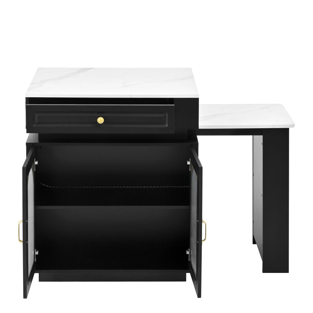 Isola Cucina con Ruote e Tavolo da Pranzo Allungabile; Tavolo Bar con Prese e LED; Nero