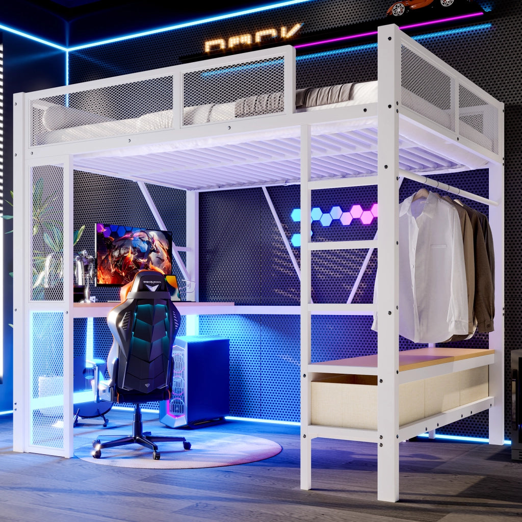 Letto a soppalco 90 ¡Á 200 cm con scrivania; armadio aperto; ripiani; LED e porte USB in legno bianco