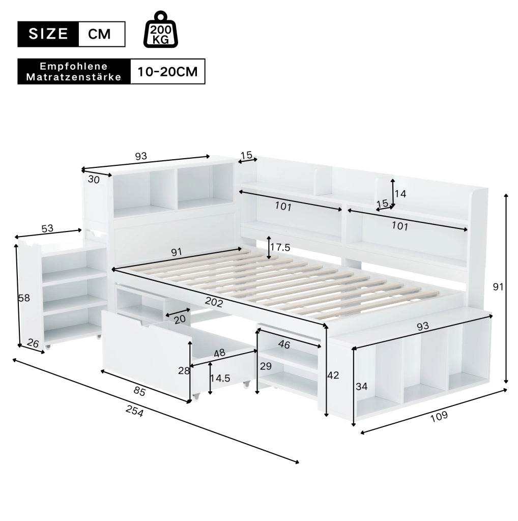 Letto singolo per bambini 90x200 cm con cassetti e scaffali