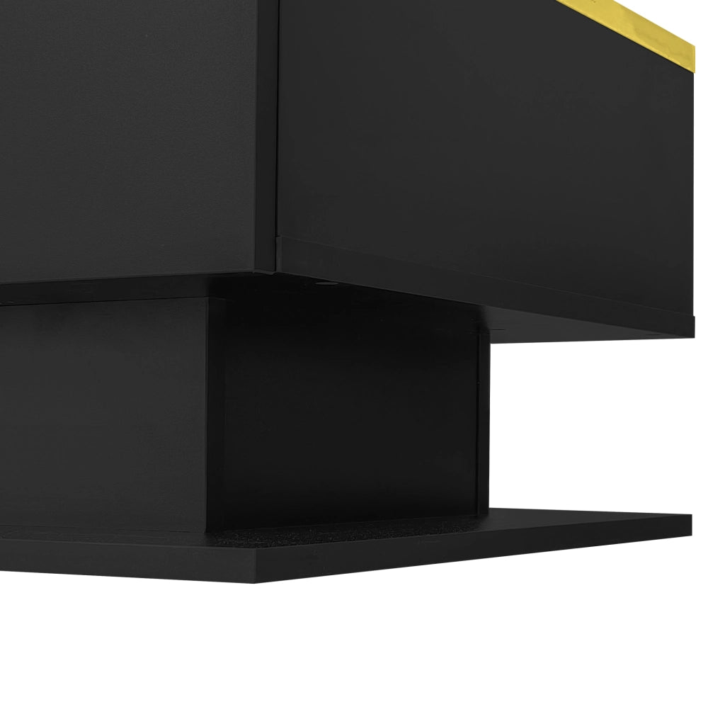Tavolino da caffè 100x50 cm in truciolare nero lucido con piano in vetro e LED
