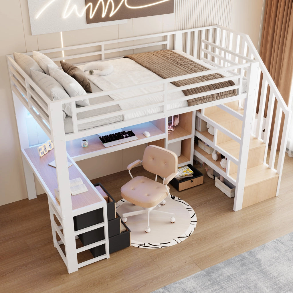 Letto a soppalco 90 × 200 cm con scrivania scala contenitore 4 cassetti LED metallo e MDF bianco
