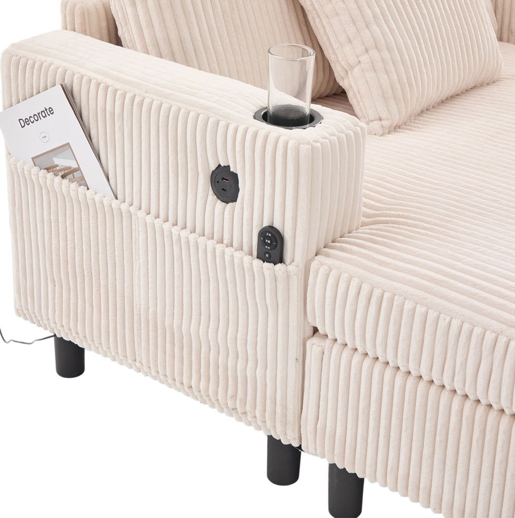 Poltrona relax extra large con USB; portabicchieri e LED; in velluto a coste beige