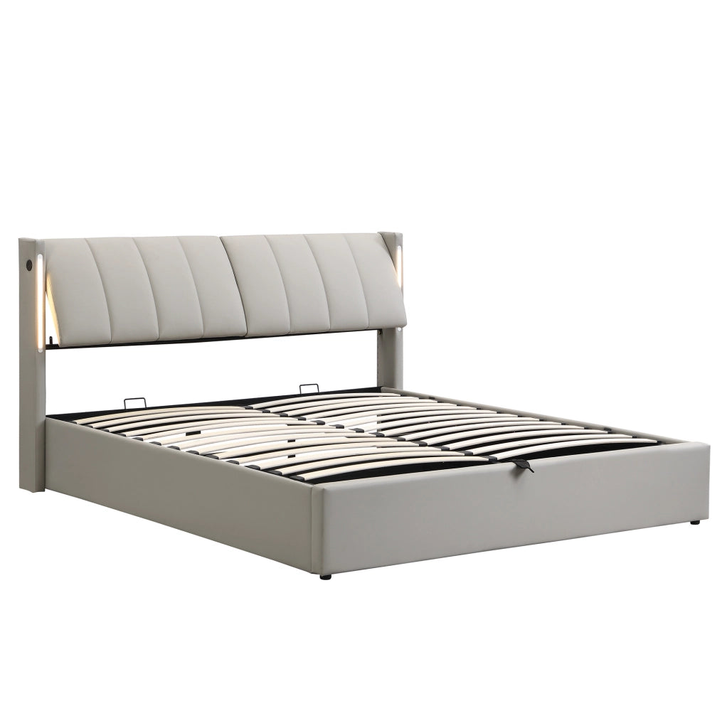 Letto imbottito 140x200 cm con USB e LED; testiera regolabile; PU grigio