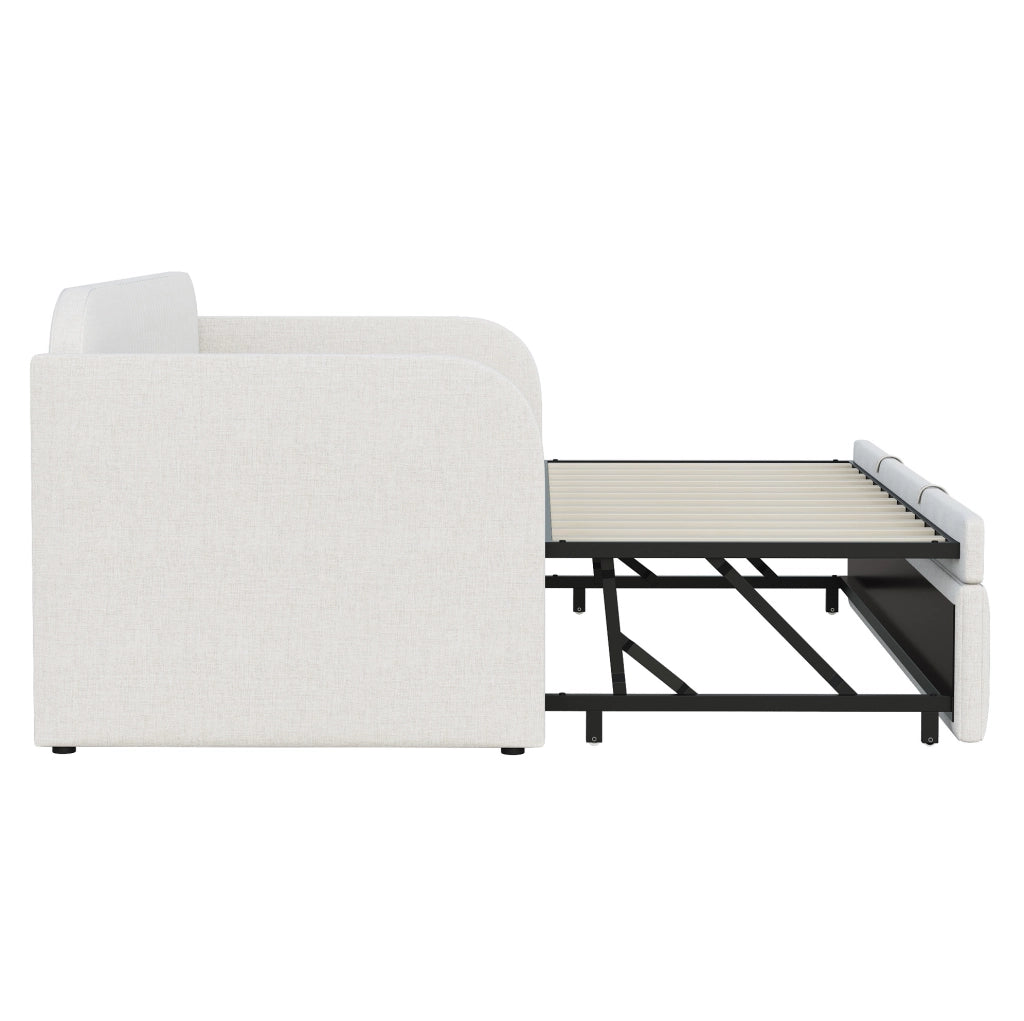 Divano letto imbottito estensibile con rete a doghe, beige