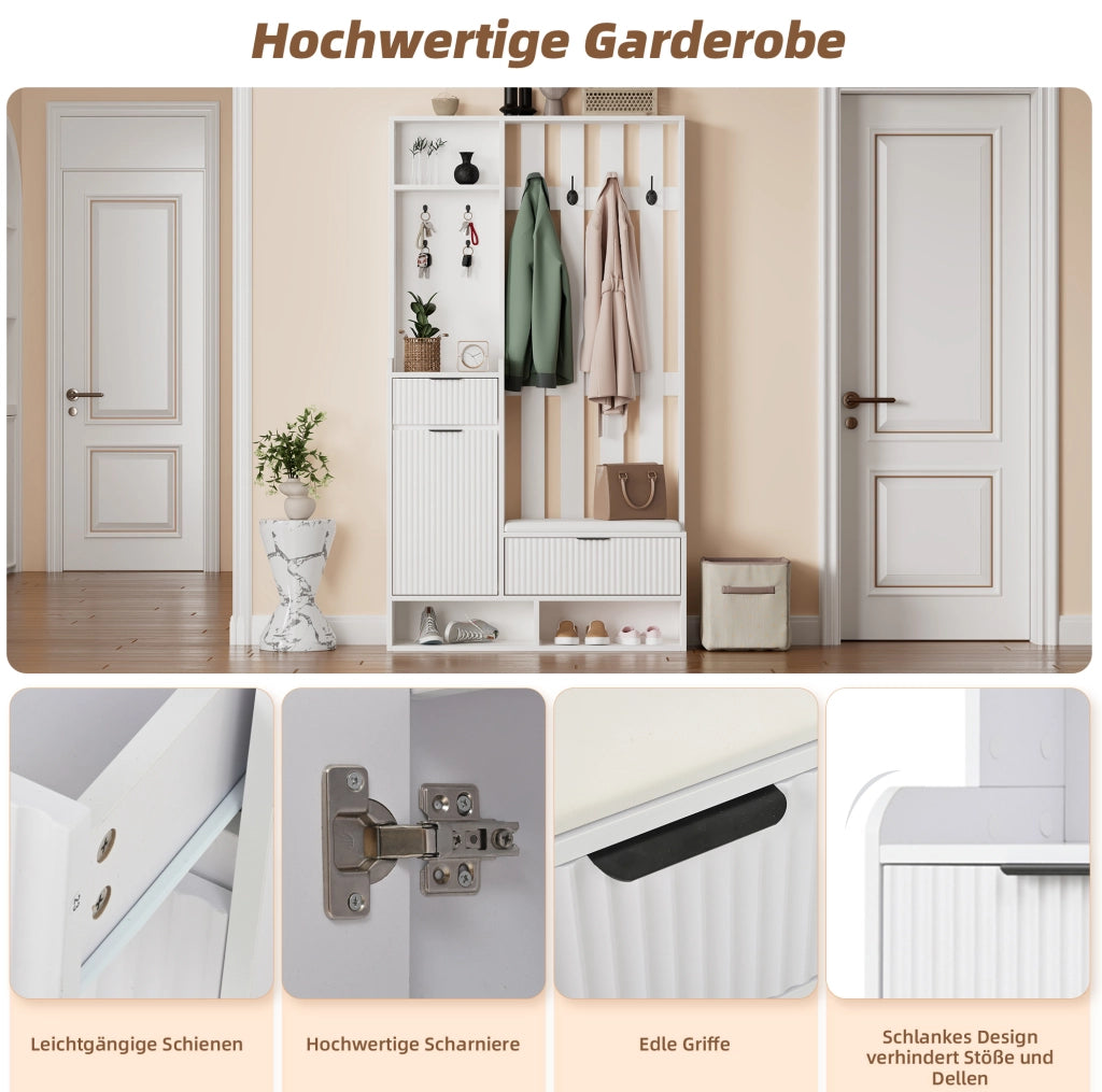 Guardaroba da ingresso 6 in 1 con panca; 8 ganci e contenitore; 100 ¡Á 30 ¡Á 180 cm; bianco