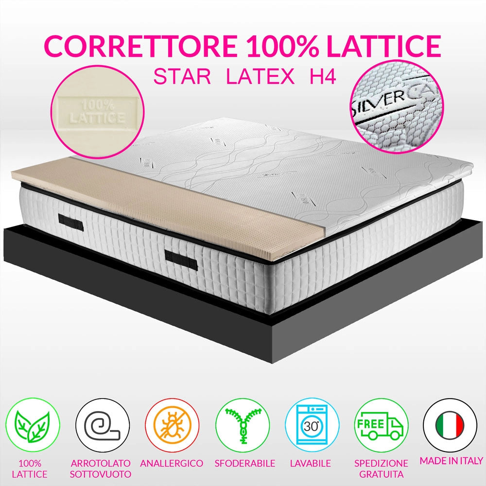 Topper lattice, sopramaterasso in 100% LATTICE ANALLERGICO, Alto 4 cm con tessuto antimicrobico sfoderabile 4 lati con filo in ARGENTO - STAR LATEX francese 150x190