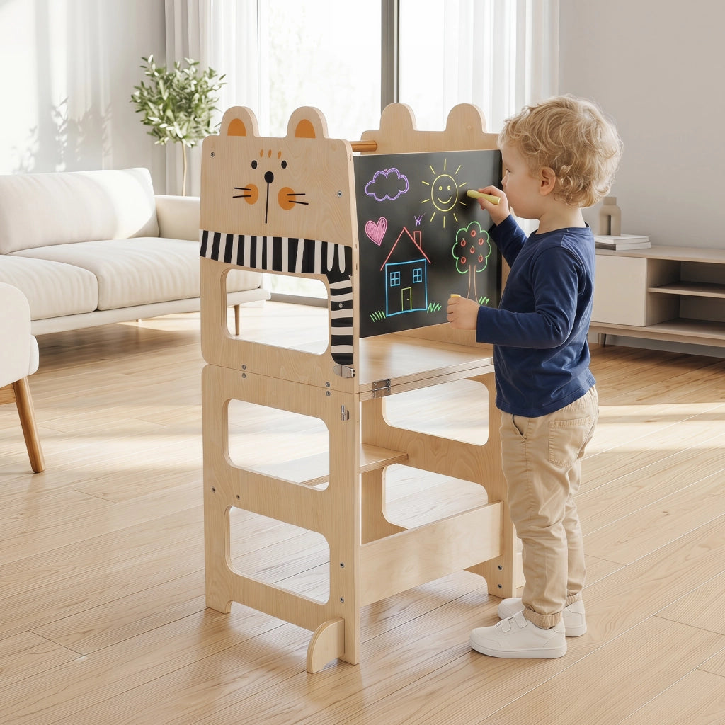 Torre montessoriana pieghevole con lavagna e tavolo-sedia, Torre di apprendimento gatto cucina-bagno legno da 18 mesi