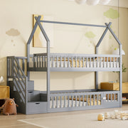 Letto a castello 90x200 in legno massello grigio con tetto e scale di sicurezza