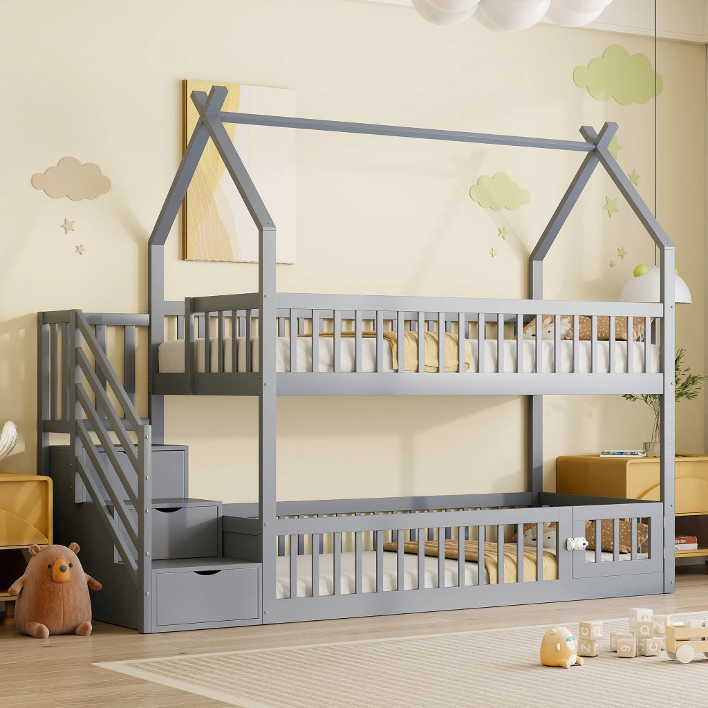Letto a castello 90x200 in legno massello grigio con tetto e scale di sicurezza