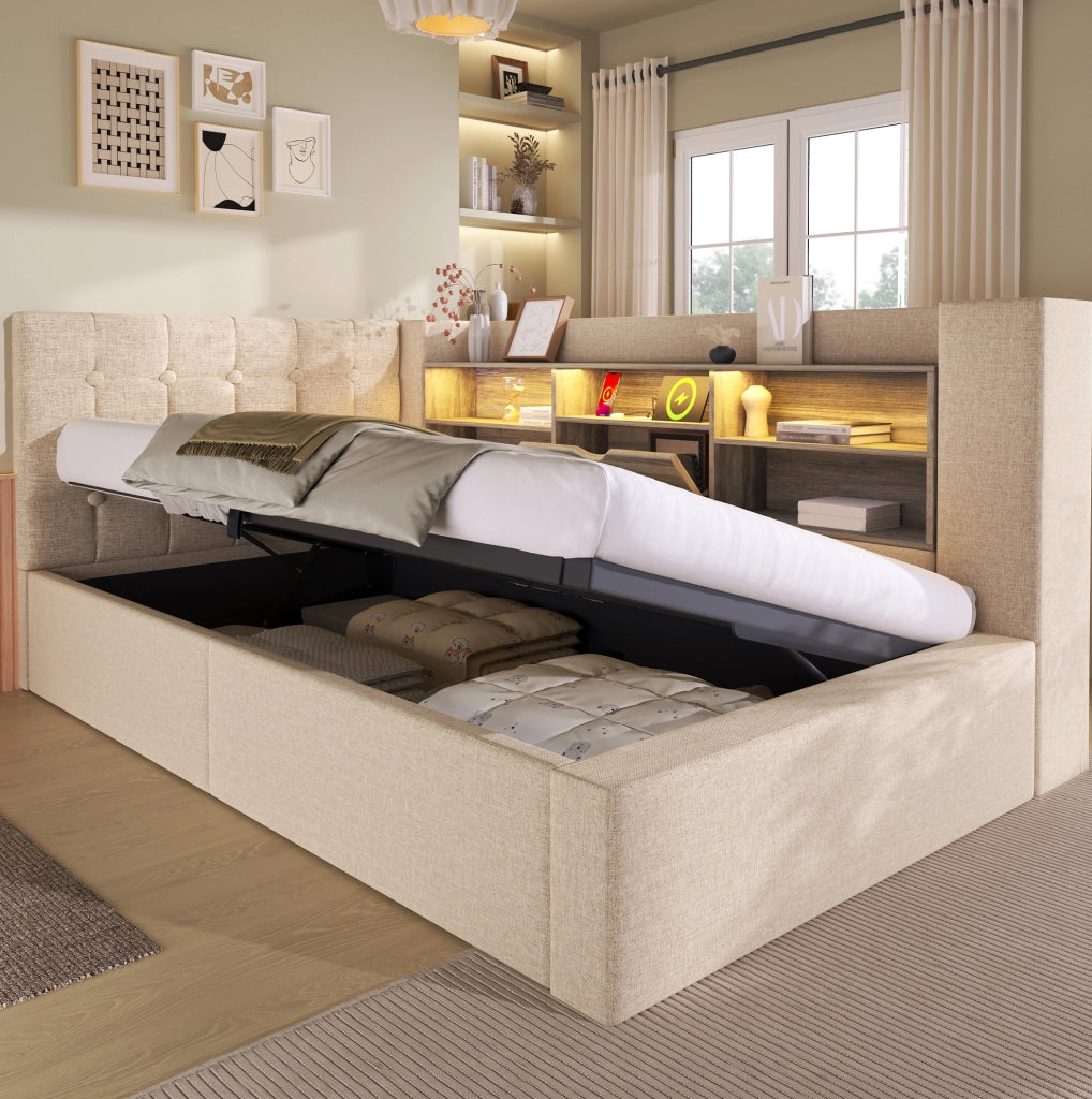 Letto Singolo 90x190 cm con LED, Spazio di Stoccaggio Idraulico e Testiera L-Forma Rivestita in Lino Beige, Montaggio Laterale Flessibile, Senza Materasso