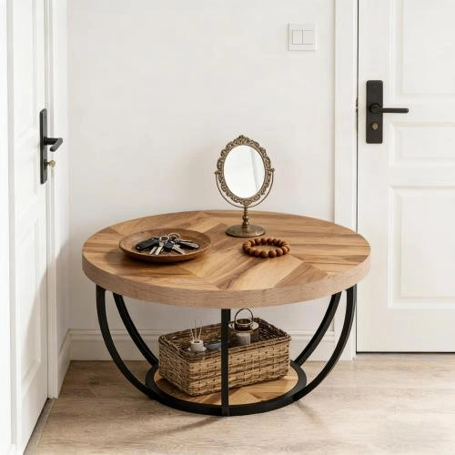Tavolino basso rotondo a 2 ripiani in legno e metallo, design moderno per soggiorno, ufficio e reception