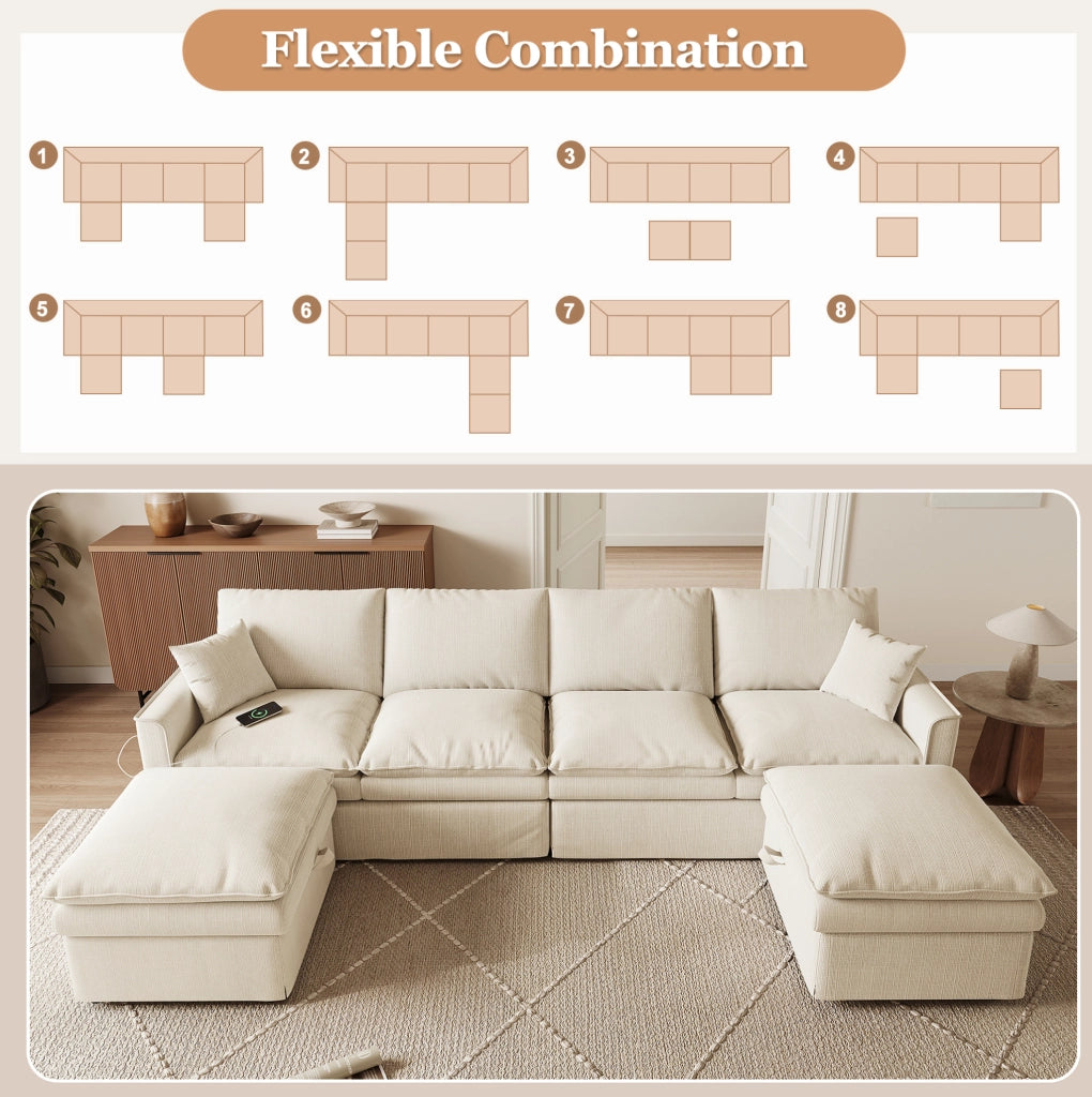 Divano modulare ad angolo a U/L 6 posti con 2 pouf contenitori, tessuto cotone-lino beige, 277×80×135 cm