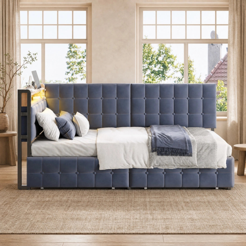 Divano letto imbottito 90x200 cm grigio con LED, USB/Type-C, 2 cassetti