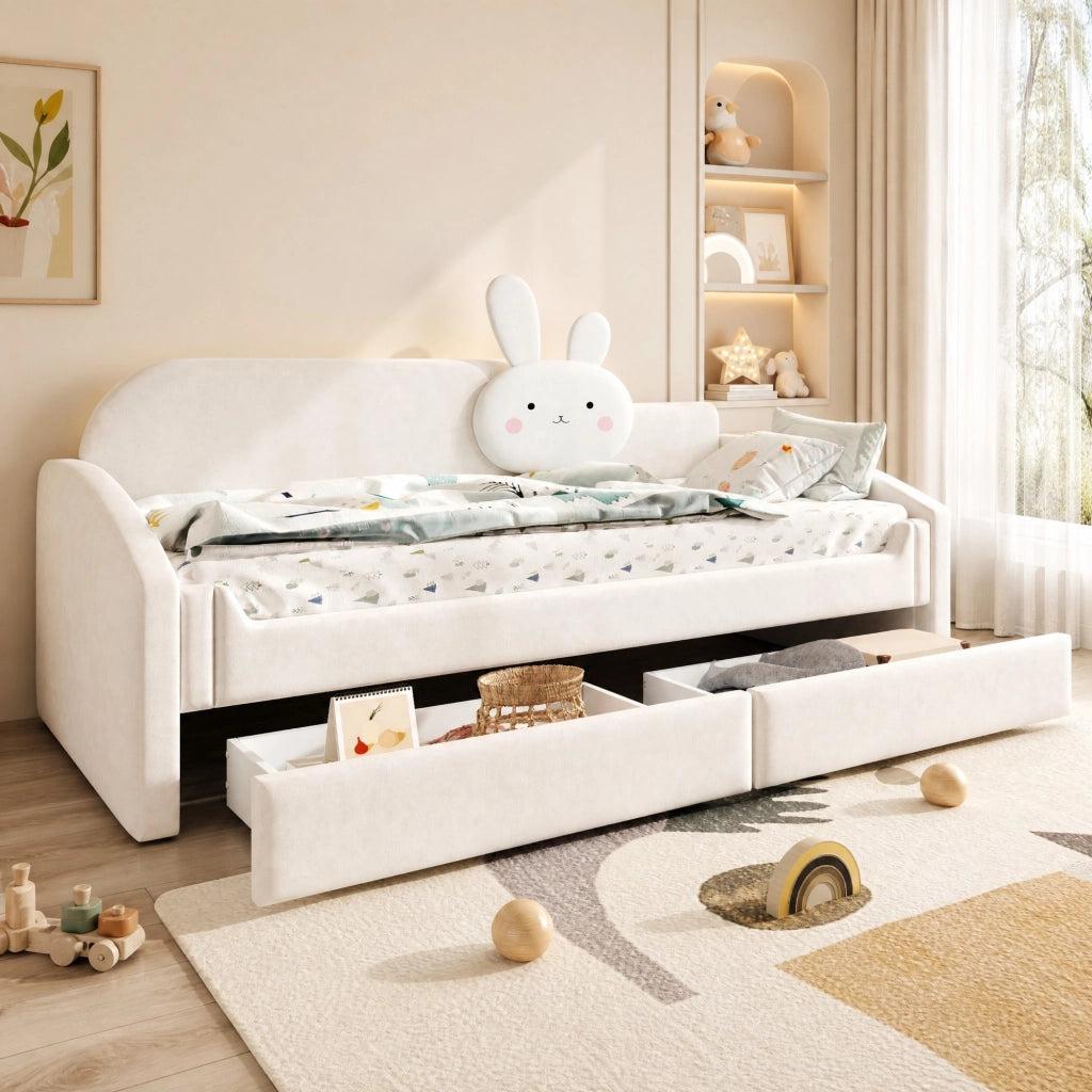 Letto divano per bambini 90x200 cm beige con LED e cassetti