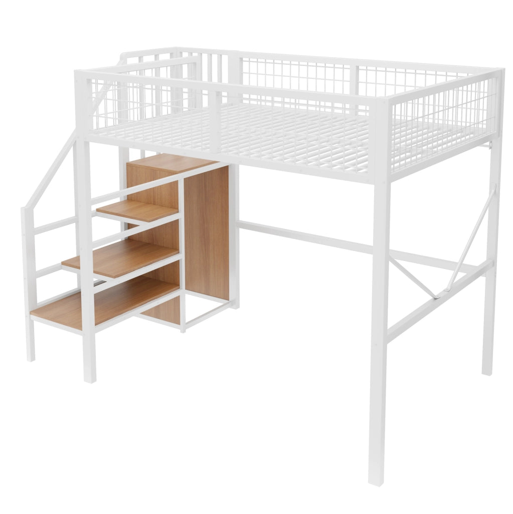 LETTO A Soppalco 140x200 cm Metallo e Legno Bianco con Scala Contenitore LED